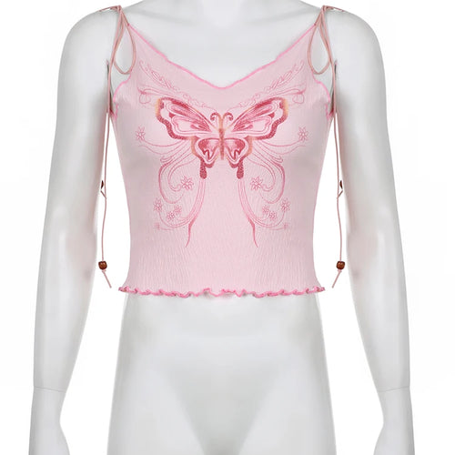 Load image into Gallery viewer, Y2K Sweet Pink Frill Summer Tank Tops Strappy Bow Cute Korean Fashion Butterfly Printed Tee Sleeveless Aesthetic Chic
