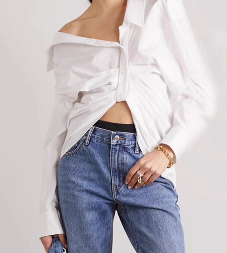 Hit Color Spliced Striped Irregular Dlouses for Women Diagonal Collar Long Sleeves Patchwork Folds Blouse Female