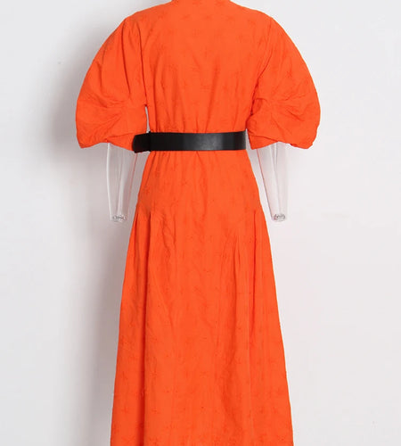 Vintage Solid Dress For Women Stand Collar Puff Sleeve Patchwork Cut Out Midi Dresses Female 2022 Clothing Fashion New Style