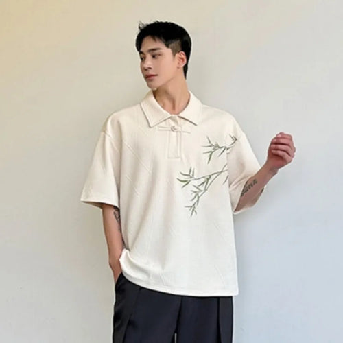 Load image into Gallery viewer, Men&#39;s T-shirt Summer New Chinese Style Bamboo Embroidery Button Short Sleeve Lapel Trendy Loose Pullover Top 9C5776
