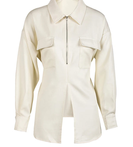 Women Beige Zipper Pocket Back Bandage Blouse New Lapel Long Sleeve Loose Fit Shirt Fashion Spring Autumn 2025 1DF149100