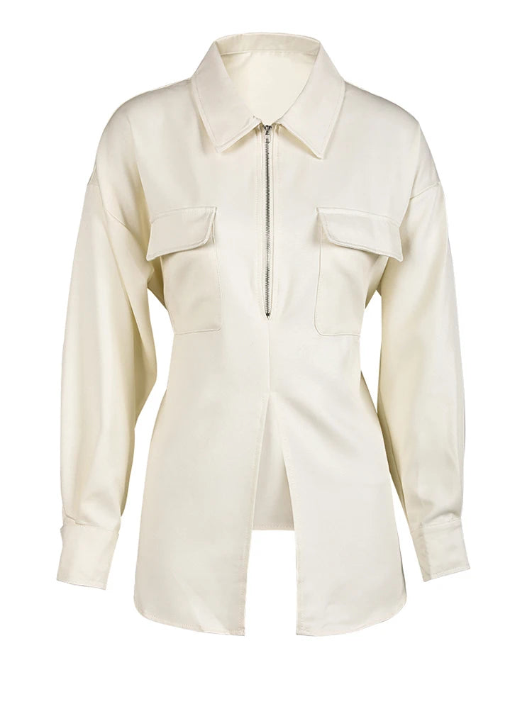 Women Beige Zipper Pocket Back Bandage Blouse New Lapel Long Sleeve Loose Fit Shirt Fashion Spring Autumn 2025 1DF149100