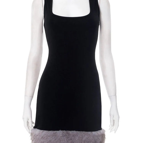 Load image into Gallery viewer, Patchwork Fur Hem Sexy Mini Dress Women Robe Fashion Black Summer New Sleeveless Backless Slim High Waist Sheath Dress
