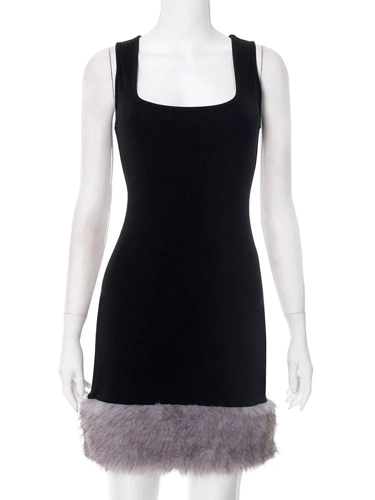 Patchwork Fur Hem Sexy Mini Dress Women Robe Fashion Black Summer New Sleeveless Backless Slim High Waist Sheath Dress