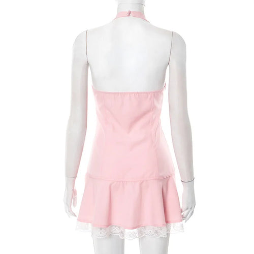 Load image into Gallery viewer, Halter Backless Sexy Mini Dress Women Robe Summer New Lace Patchwork Sleeveless V Neck High Waist Ruffled Dress 2025
