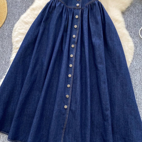 Load image into Gallery viewer, French Vintage Blue Elegant Single Breasted Short Sleeved High Waist Pleated Denim Dresses Spring Fashion V Neck Party Dress New
