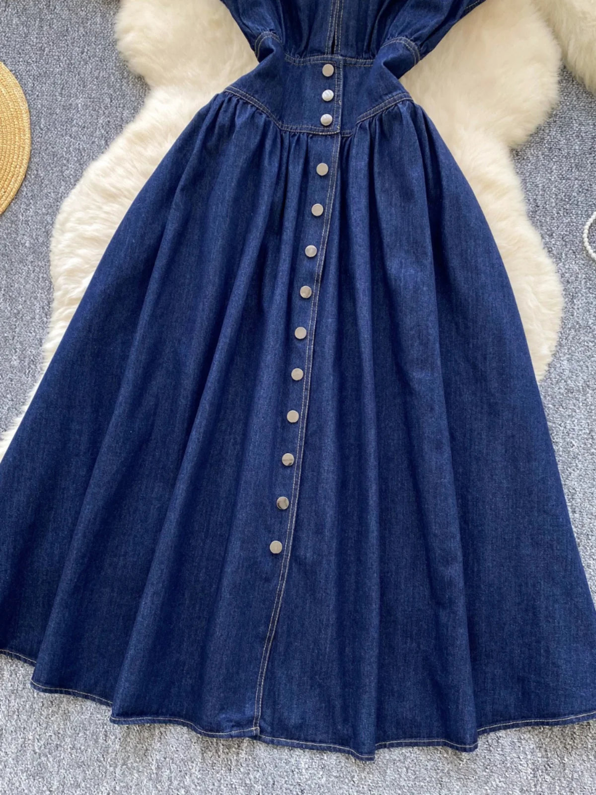 French Vintage Blue Elegant Single Breasted Short Sleeved High Waist Pleated Denim Dresses Spring Fashion V Neck Party Dress New