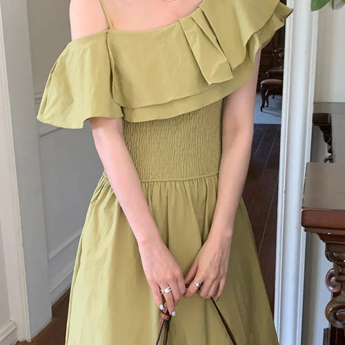 Load image into Gallery viewer, Ruffles Slim Waist Strapless Elegant Dresses High Street Butterfly Sleeve Pure Color Fashion Female Dress French Style
