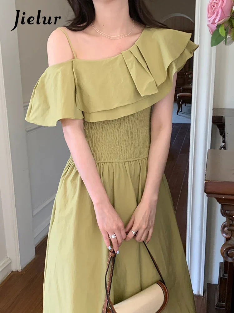 Ruffles Slim Waist Strapless Elegant Dresses High Street Butterfly Sleeve Pure Color Fashion Female Dress French Style