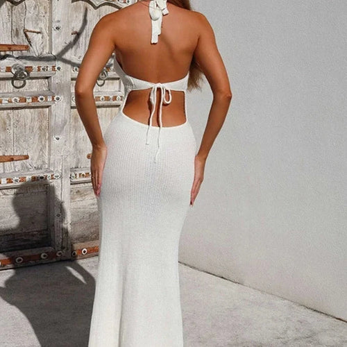 Load image into Gallery viewer, Hollow Knit Halter Backless Long Dresses White Crochet Beach Vacation Outfits for Women Elegant Summer Dress C83-DC35
