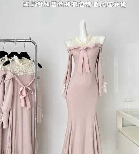 Vintage French Pink Patchwork Lace Off Shoulder Bow Evening Dress Women Autumn Elegant Long Sleeve Knit Party Fishtail Dress New