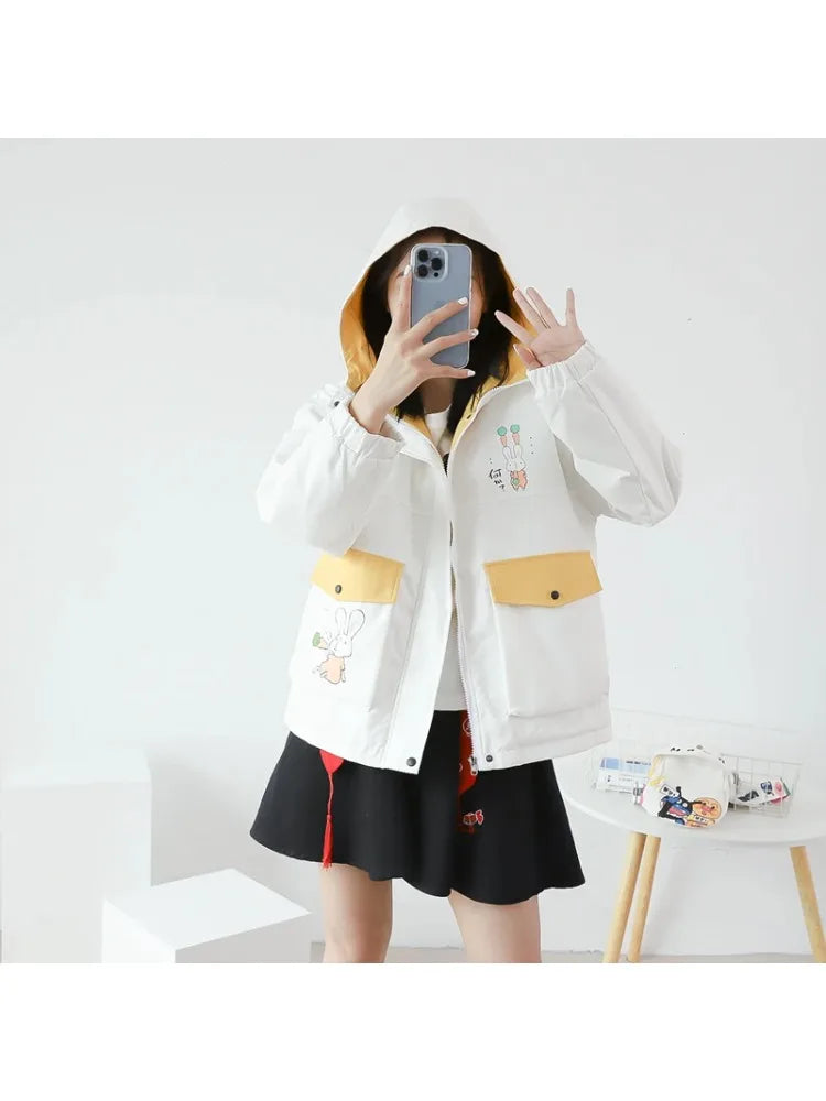 Women Hooded Quilted CoatCartoon Rabbit Print Warm Coats Harajuku Winter Long Sleeve Ladies Cotton Liner Jackets Outwears