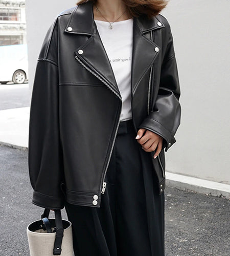 Black Belted Big Size Casual PU Leather Jacket New Lapel Long Sleeve Women Coat Fashion Tide Spring Autumn 2025 LA938