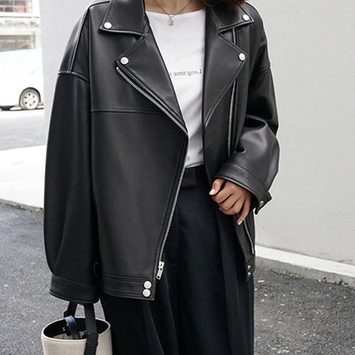 Load image into Gallery viewer, Black Belted Big Size Casual PU Leather Jacket New Lapel Long Sleeve Women Coat Fashion Tide Spring Autumn 2025 LA938
