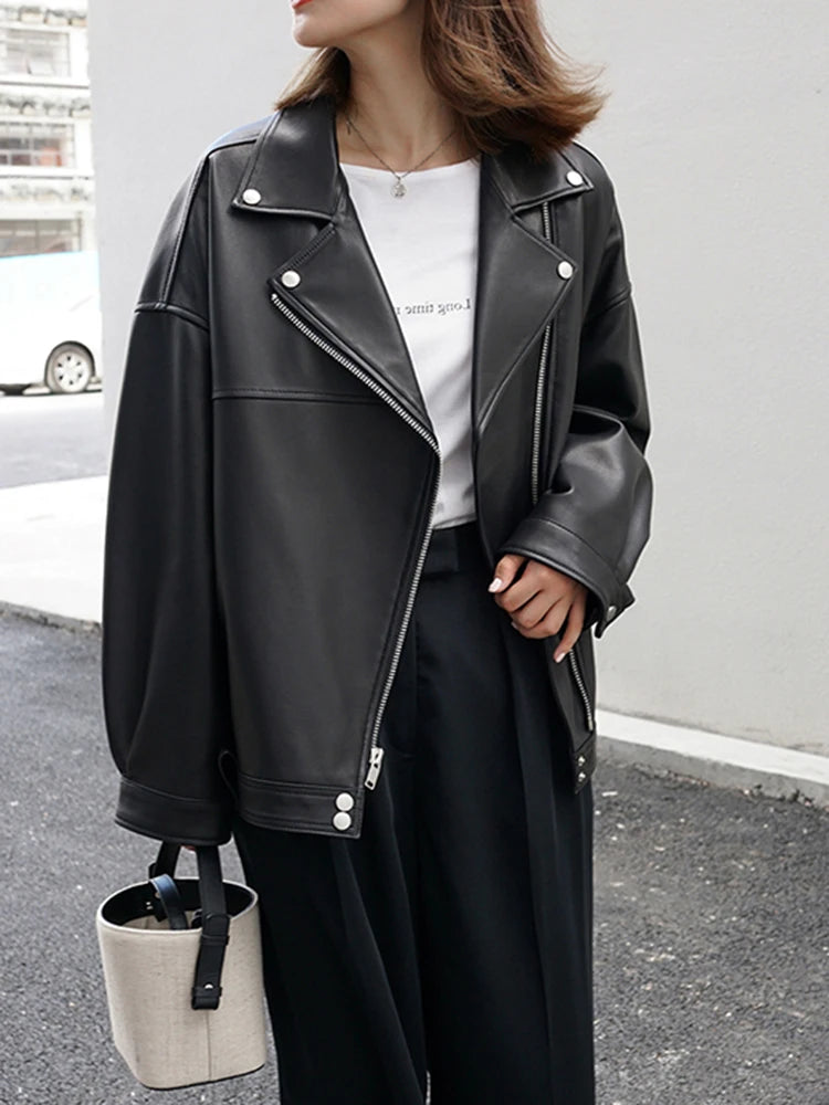 Black Belted Big Size Casual PU Leather Jacket New Lapel Long Sleeve Women Coat Fashion Tide Spring Autumn 2025 LA938