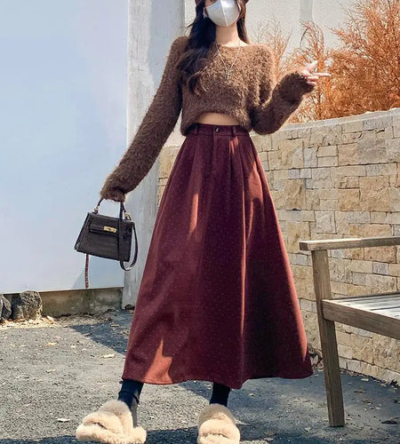 French Vintage Women Polka Dot Elegant High Waist Party Long Skirts 2024 Autumn Winter Woolen A-line Pleated Half Skirt Fashion
