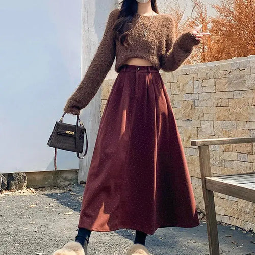 Load image into Gallery viewer, French Vintage Women Polka Dot Elegant High Waist Party Long Skirts 2024 Autumn Winter Woolen A-line Pleated Half Skirt Fashion
