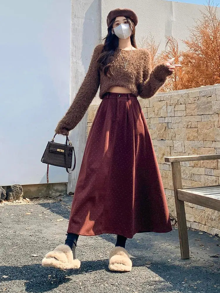 French Vintage Women Polka Dot Elegant High Waist Party Long Skirts 2024 Autumn Winter Woolen A-line Pleated Half Skirt Fashion