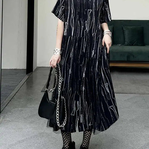 Load image into Gallery viewer, Women Black White Tie Dye Mesh Big Size Midi Shirt Dress New Lapel Short Sleeve Fashion Tide Spring Summer 2025 1DH5962
