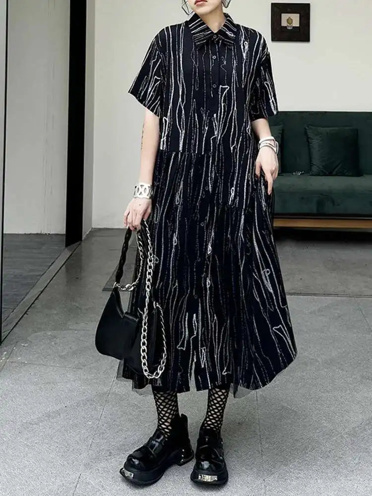 Women Black White Tie Dye Mesh Big Size Midi Shirt Dress New Lapel Short Sleeve Fashion Tide Spring Summer 2025 1DH5962
