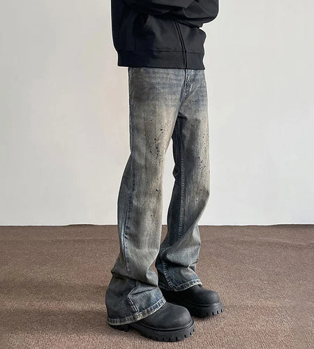 Men's Jeans New American Style High Street Washed Splashed Ink Denim Pants Male Straight Leg Slim Flared Trousers 9W1480