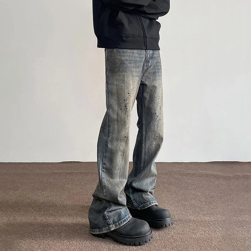 Men's Jeans New American Style High Street Washed Splashed Ink Denim Pants Male Straight Leg Slim Flared Trousers 9W1480