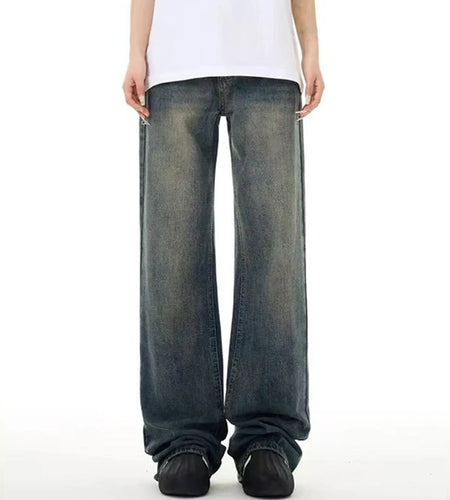Men American Style Jeans High Street Washed Solid Color Highed Waisted Wide Leg Loose Flared Handsome Trousers 9W1489