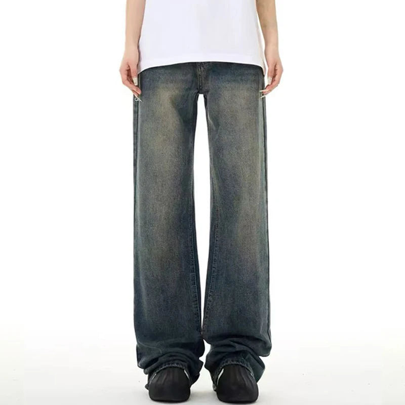Men American Style Jeans High Street Washed Solid Color Highed Waisted Wide Leg Loose Flared Handsome Trousers 9W1489