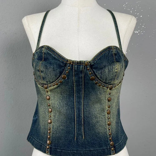 Load image into Gallery viewer, Sexy Spliced Rivet Denim Tank Tops Square Collar Sleeveless Off Shoulder Backless Bandage Slimming Vest Female Summer New
