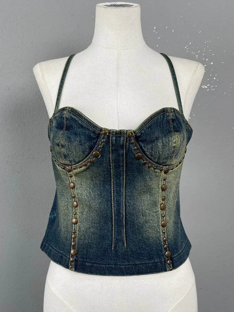 Sexy Spliced Rivet Denim Tank Tops Square Collar Sleeveless Off Shoulder Backless Bandage Slimming Vest Female Summer New