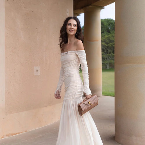 Load image into Gallery viewer, Off-shoulder Strapless Sexy Maxi Dress Women Summer New Patchwork Backless Long Sleeve Pleated Long Dress Elegant
