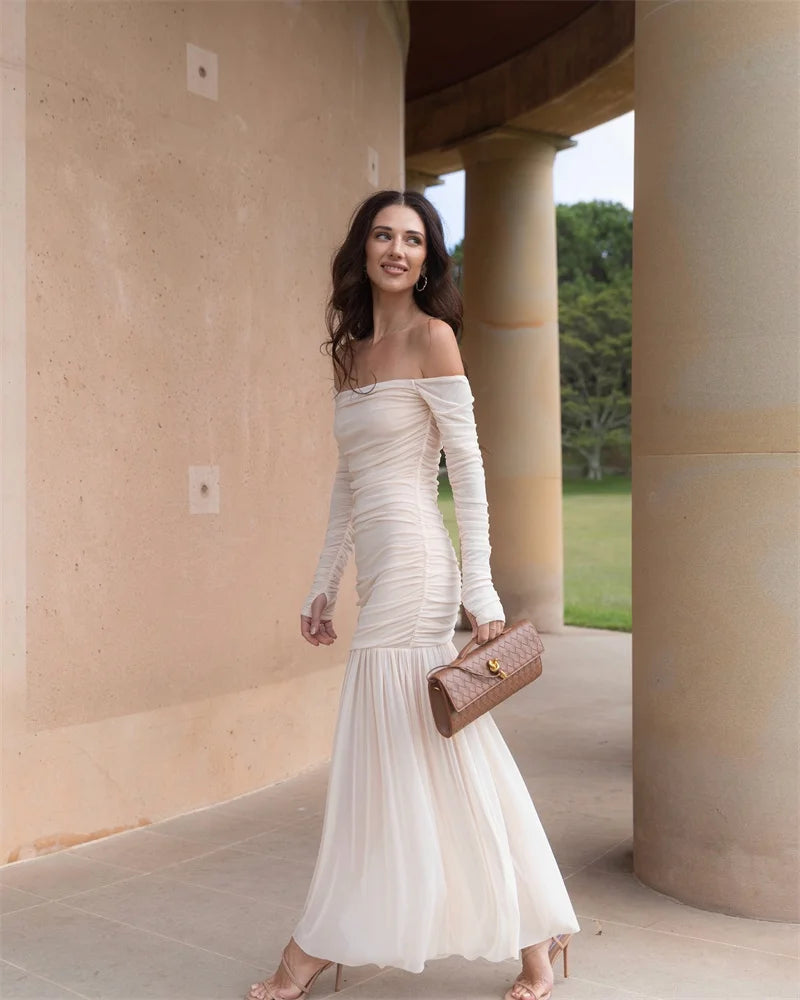 Off-shoulder Strapless Sexy Maxi Dress Women Summer New Patchwork Backless Long Sleeve Pleated Long Dress Elegant