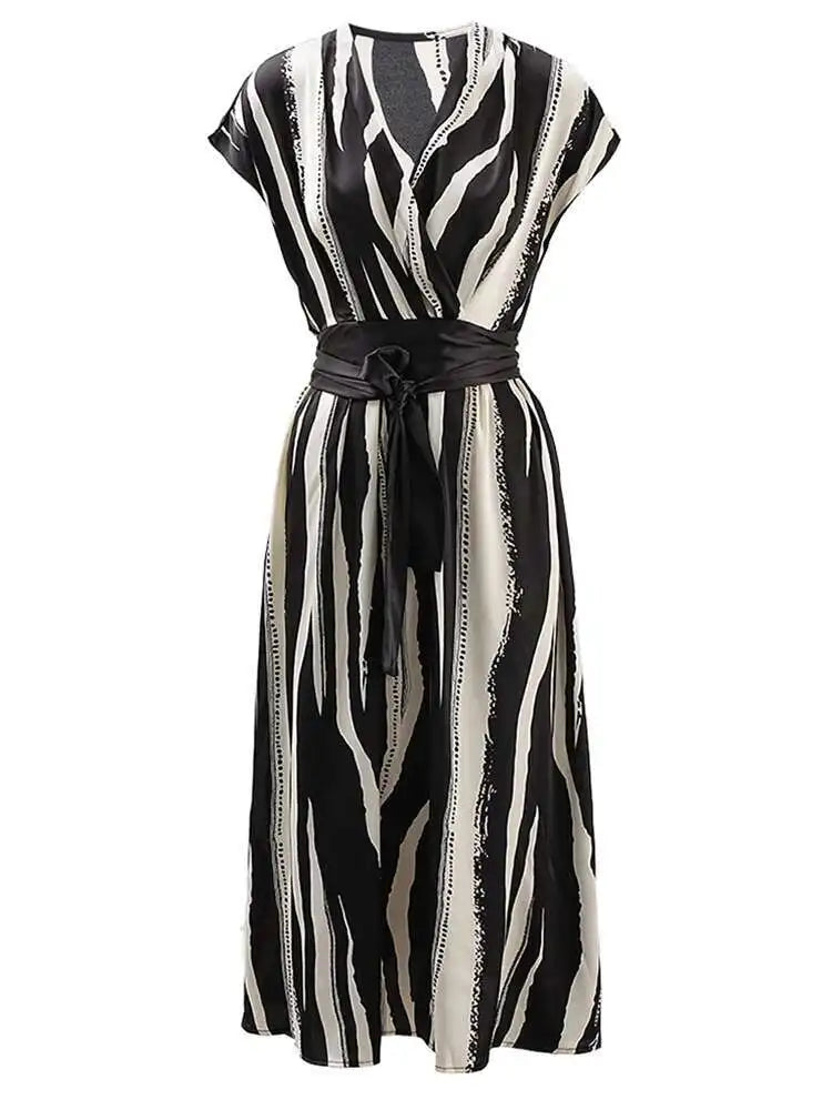 Women Beige Striped Printed Belted Elegant Midi Dress New V-Neck Sleeveless Fashion Tide Spring Summer 2025 CPG1504