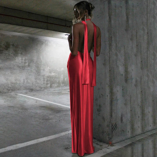 Load image into Gallery viewer, V-neck Sleeveless Neck-mounted Backless Ribbon Thigh Split Maxi Dress Women Elegant Sexy Evening Dress Ladies Outfits
