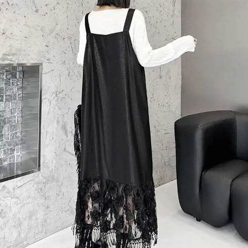 Load image into Gallery viewer, Women Black Pu Leather Hem Lace Big Size Strap Dress New Square Collar Sleeveless Fashion Tide Spring Autumn 2025 1DH7279
