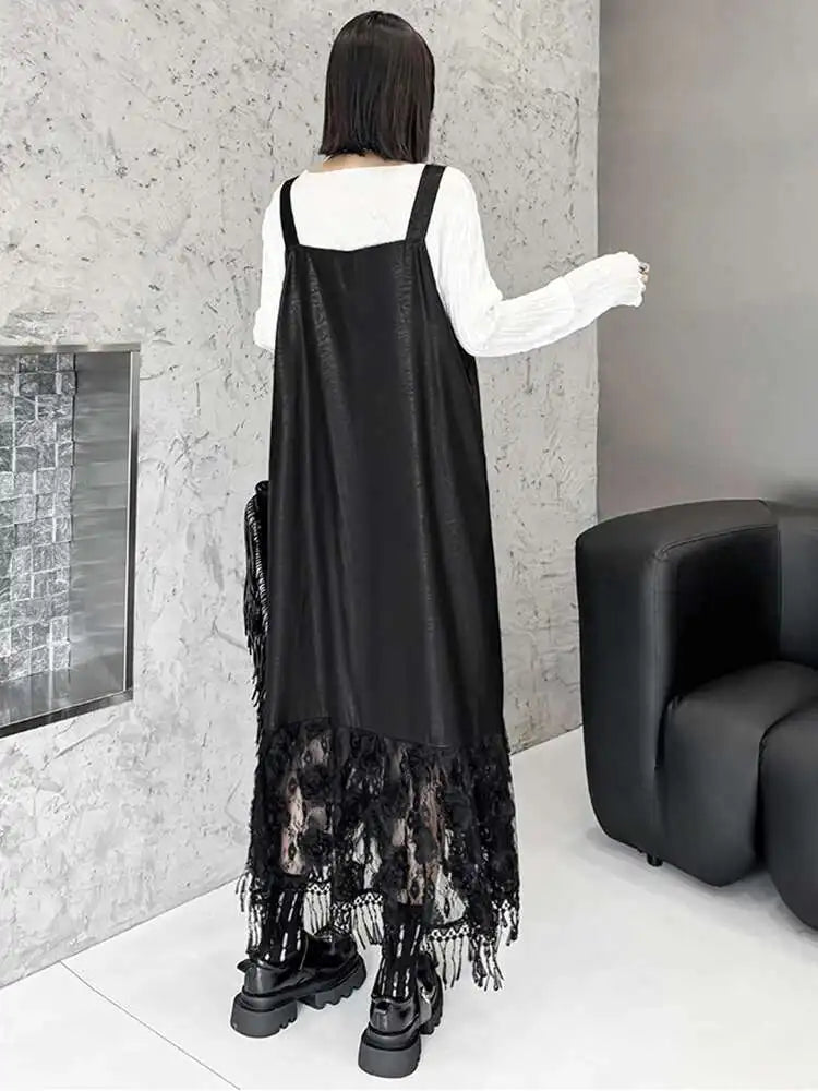 Women Black Pu Leather Hem Lace Big Size Strap Dress New Square Collar Sleeveless Fashion Tide Spring Autumn 2025 1DH7279