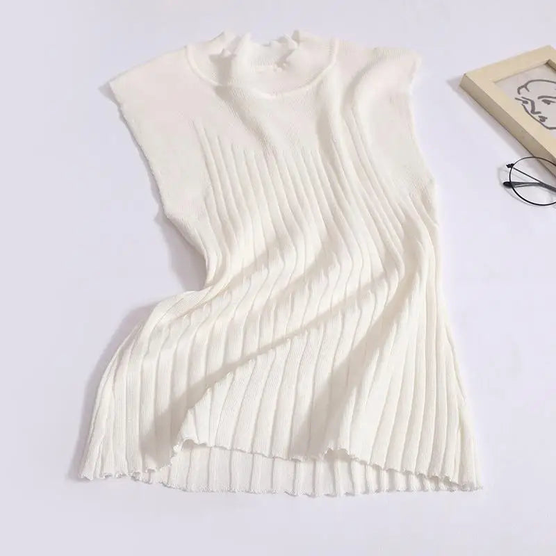 Korean Women Solid Striped Round Neck Knitted Vest 2024 Summer Sleeveless Basic Pullover Tank Tops Versatile Streetwear clothes