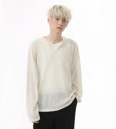 Men's T-shirt Long Sleeve Design Korean Pocket Decoration V-neck Casual Top Thin Loose Male Pullover Clothing 9W1585