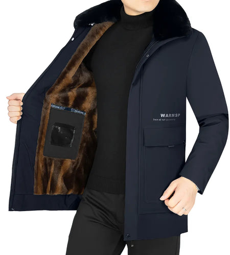 Men Solid Hooded with Fur Winter Outwear Loose Waterproof Warm Thick Fleece Parkas Vintage Streetwear Classic Jacket