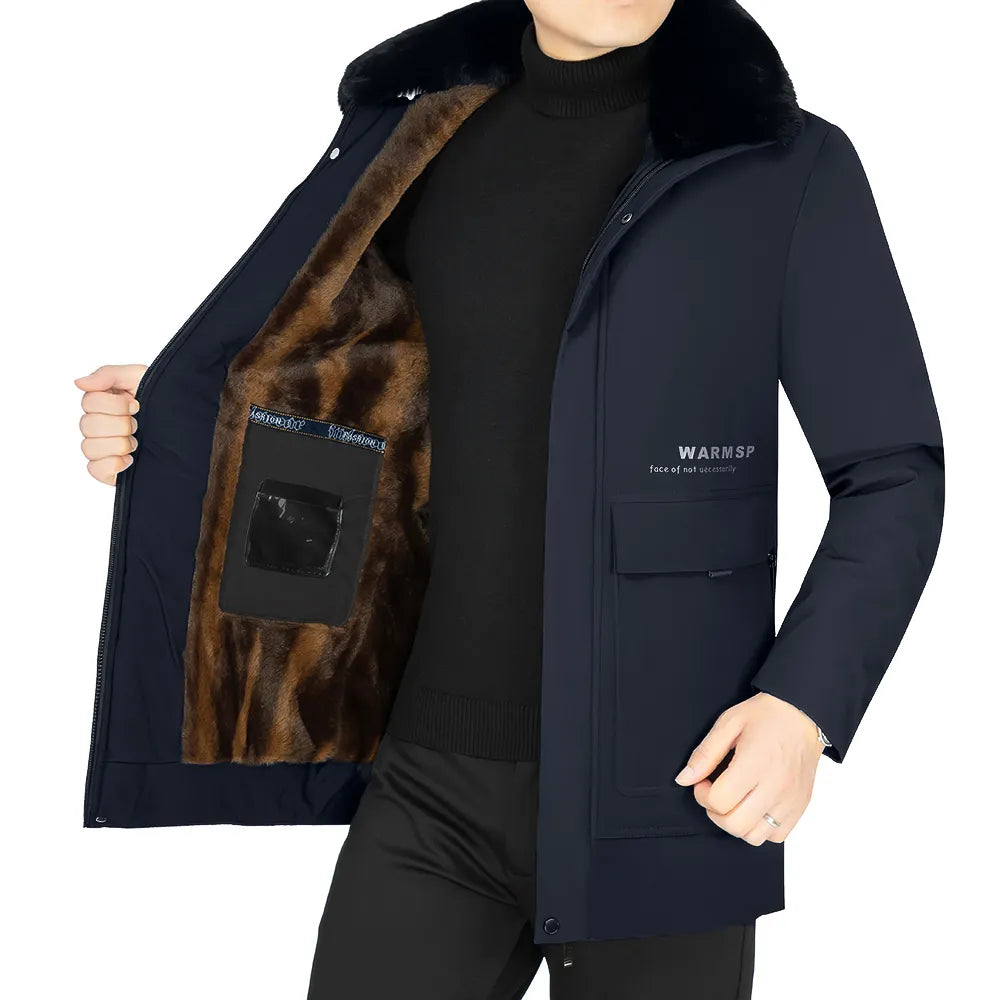 Men Solid Hooded with Fur Winter Outwear Loose Waterproof Warm Thick Fleece Parkas Vintage Streetwear Classic Jacket