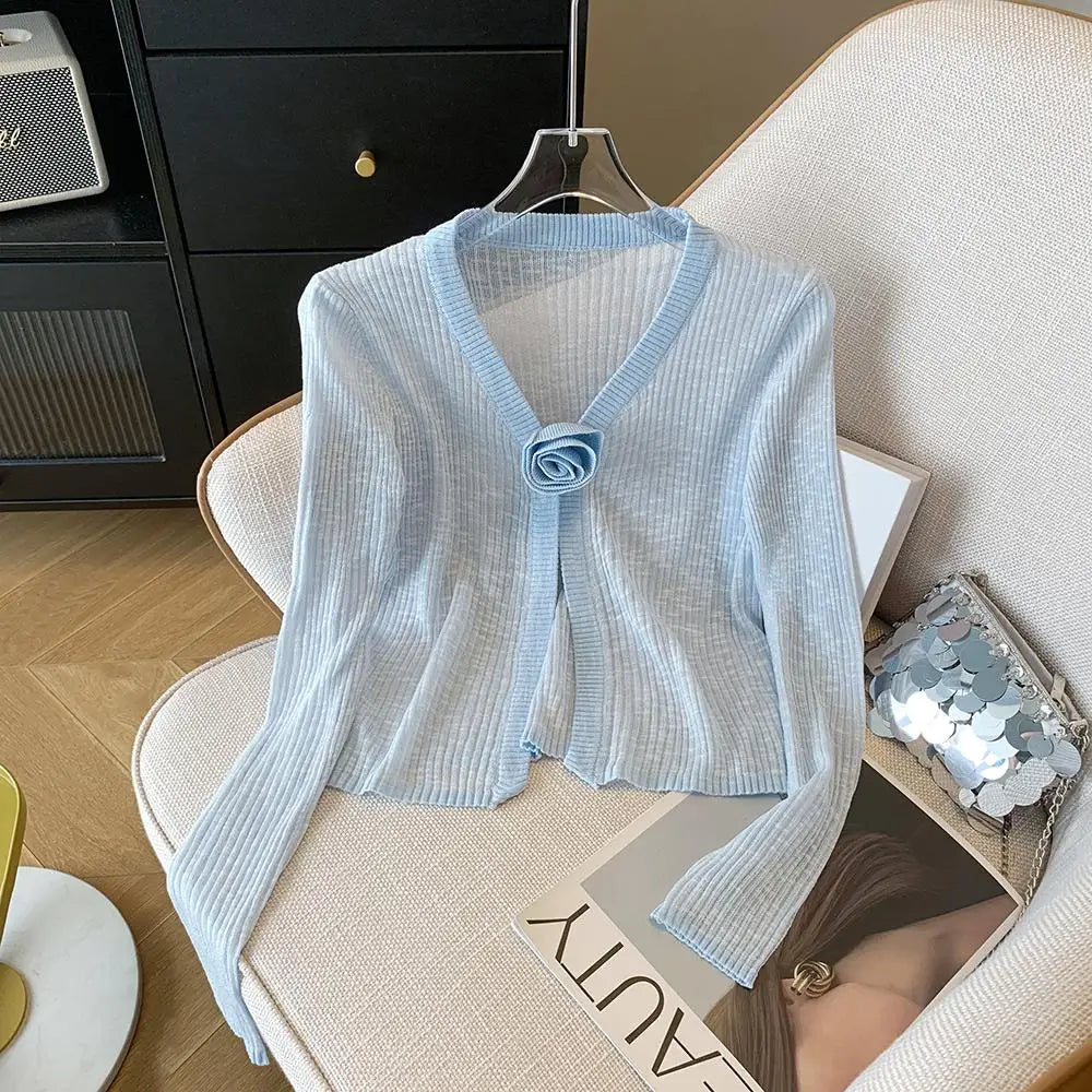 2025 Sping Summer New Women Solid Fashion V-neck Flower Decoration Long Sleeve Cardigan Knitted Tops Sun Protection Clothes Chic