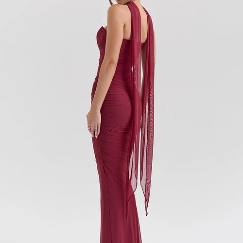 Load image into Gallery viewer, Wine Red Sexy Two Piece Sets Women Neckerchief Strapless Crop Tops And Maxi Skirt Sets Club Party Skirt Two Piece Sets
