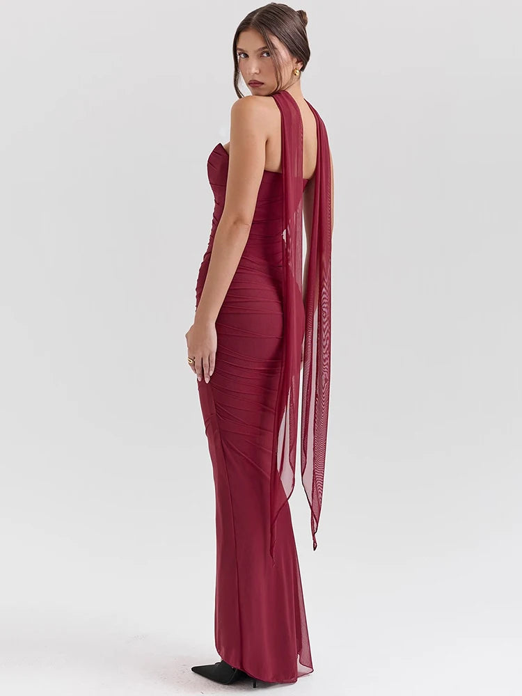 Wine Red Sexy Two Piece Sets Women Neckerchief Strapless Crop Tops And Maxi Skirt Sets Club Party Skirt Two Piece Sets