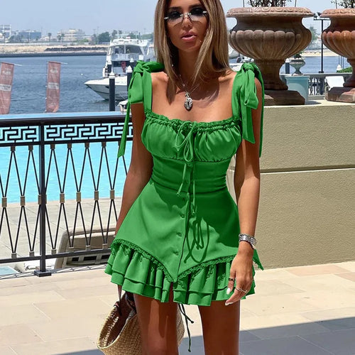 Load image into Gallery viewer, Sleeveless Ruffled Sexy Mini Dress For Women Robe Spaghetti Strap Backless Lace-up Bodycon Dress Elegant Clubwear
