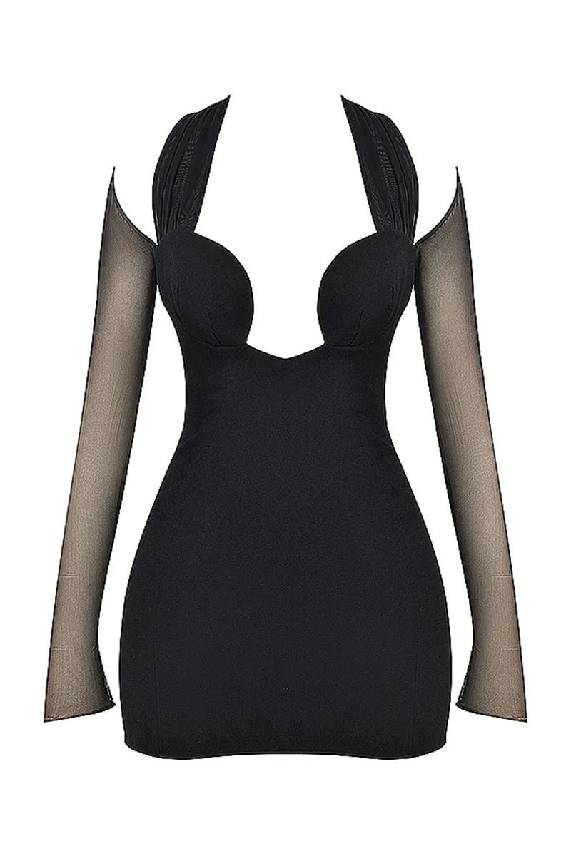 Mesh Strapless Long Sleeve Sexy Mini Dress For Women Off-shoulder Halter Chest Wrap Bodycon Club Party Dress Elegant