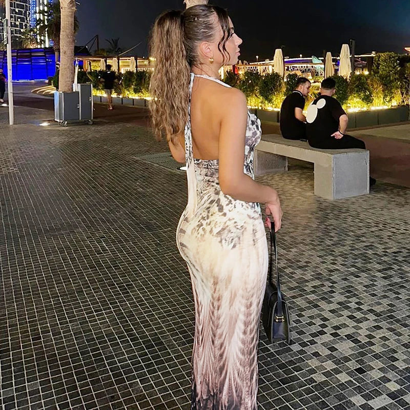 Backless Print V-neck Lace Up Sexy Maxi Dress For Women Slim Fit Sleeveless Hollow Out Dress Vacation Outfit Autumn