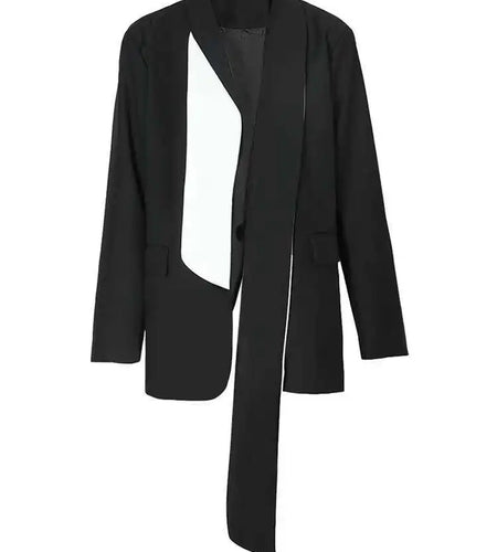 Women Black Ribbon Big Size Color-block Blazer New Lapel Long Sleeve Loose Fit Jacket Fashion Spring Autumn 2025 1DF3066