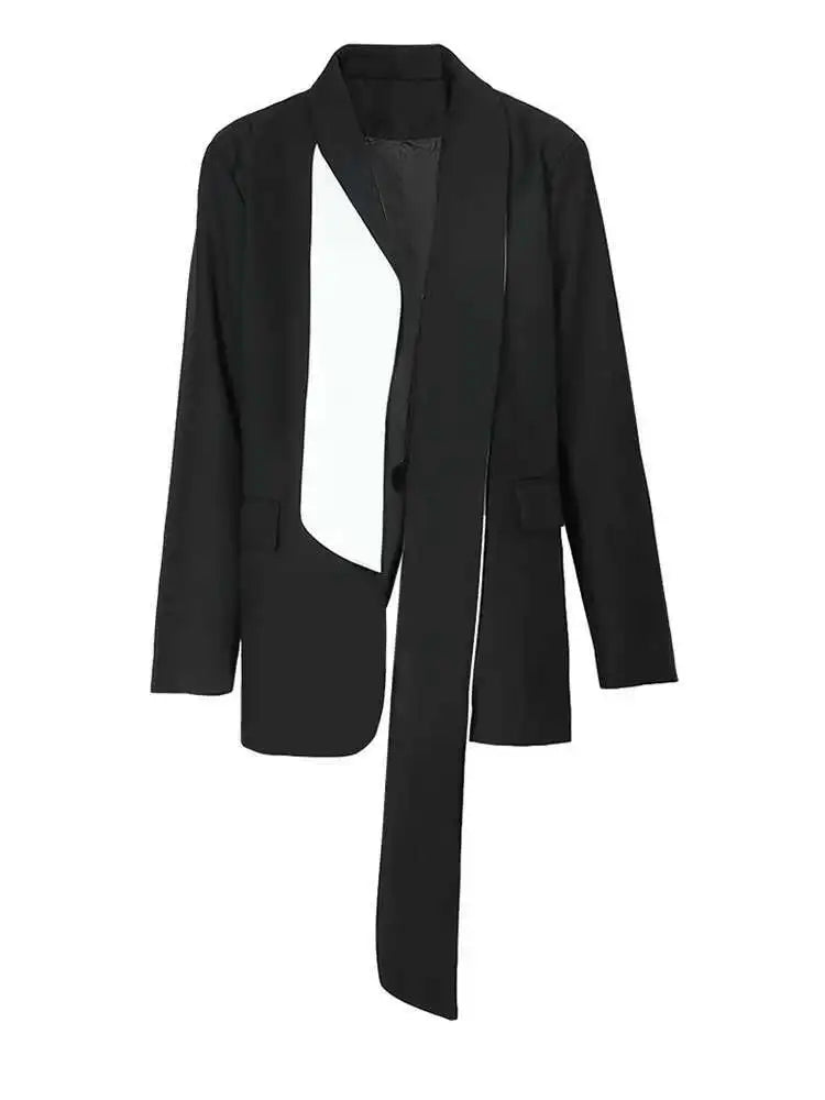 Women Black Ribbon Big Size Color-block Blazer New Lapel Long Sleeve Loose Fit Jacket Fashion Spring Autumn 2025 1DF3066