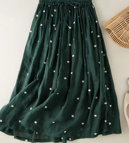 Vintage Midi Skirt Women Elastic Waist Polka Dot Pleated Skirts A-line Elegant Fashion Office Lady Casual Skirt Female Summer