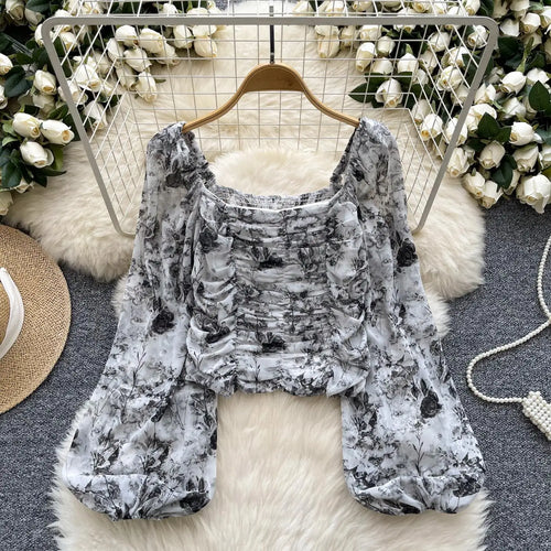 Load image into Gallery viewer, French Woman Plaid Long Sleeve Shirt Autumn Square Collar Slim Ladies Print Blouse Fashion Vintage Backless Short Pleated Tops
